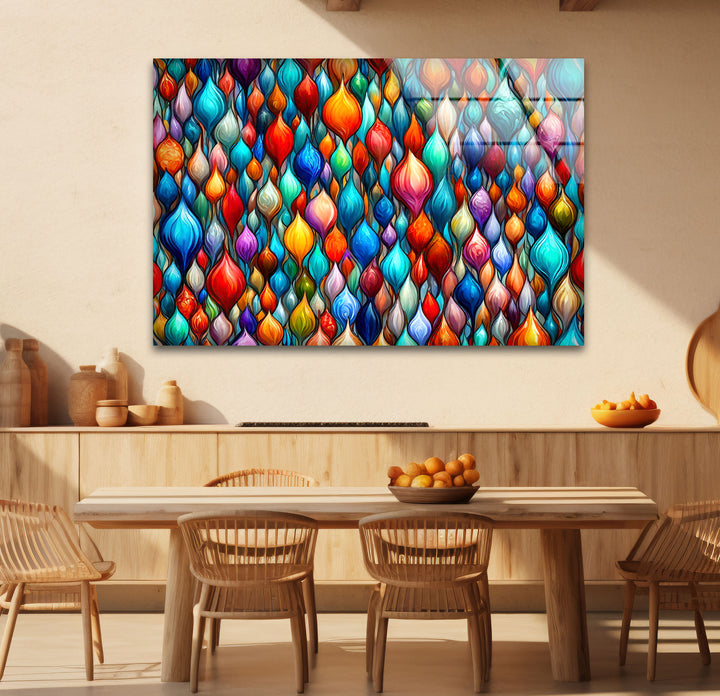 Lebendige abstrakte Glaswandkunst – Buntes Tropfendesign 