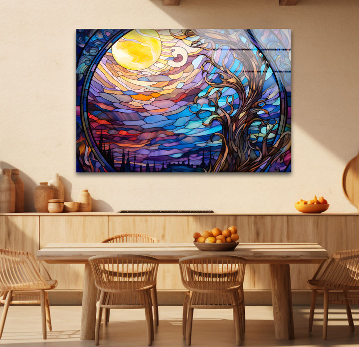 Mystic Moon Buntglas-Wandkunst – Verzauberter Baum &amp; Nachthimmel-Dekor