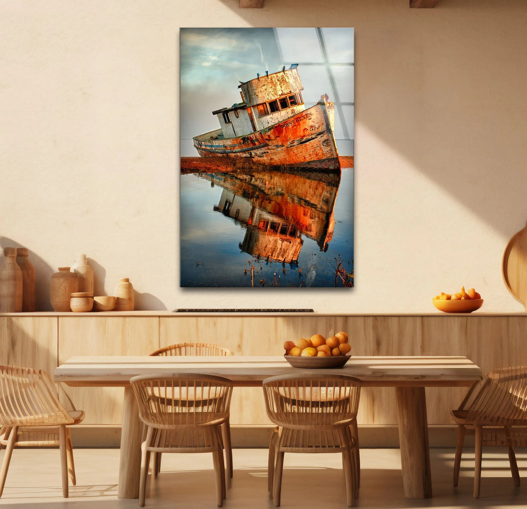 Rustic Abandoned Boat Glass Wall Art – Reflections of Time Nautical Print - MyPhotoStation
