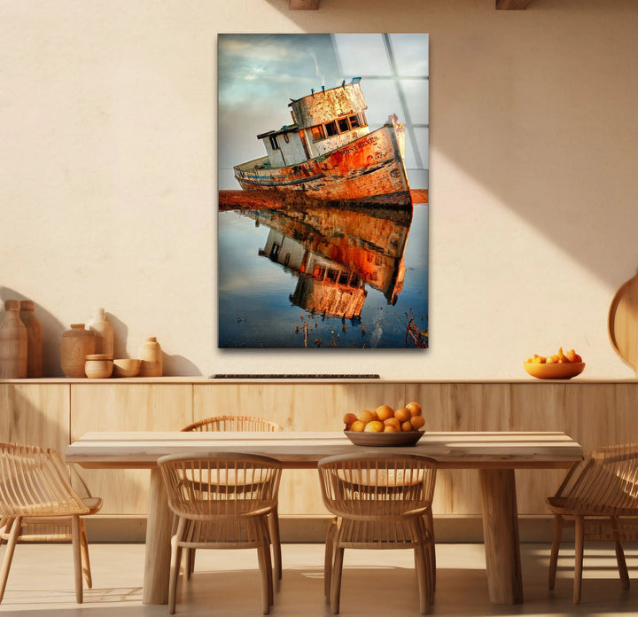 Rustic Abandoned Boat Glass Wall Art – Reflections of Time Nautical Print - MyPhotoStation