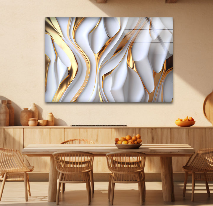 Gold White Abstract Wall Art – Luxury Fluid Texture Glass Print for Modern Interiors