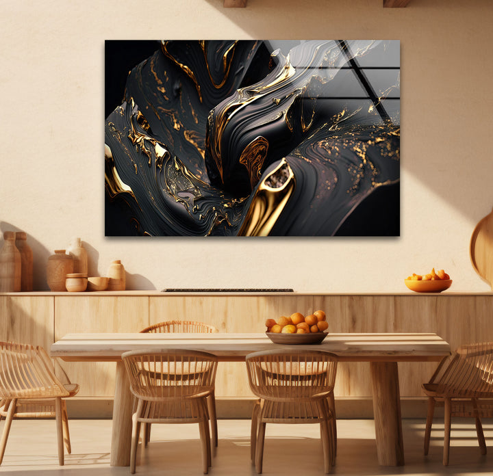 Black Gold Swirl Wall Art – Luxury Abstract Fluid Glass Print for Interiors