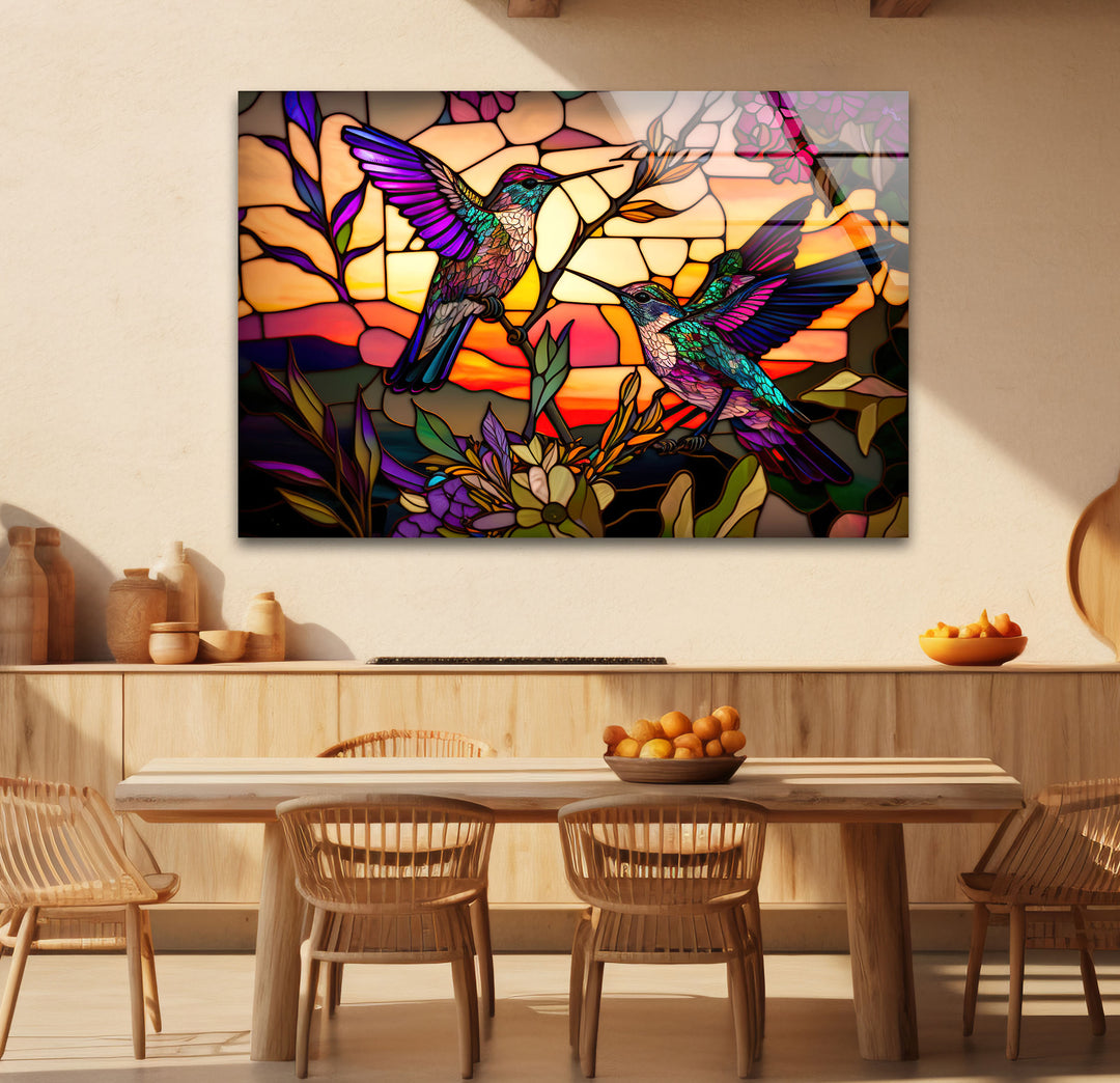 Hummingbird Stained Glass Wall Art – Sunset Floral Window Panel