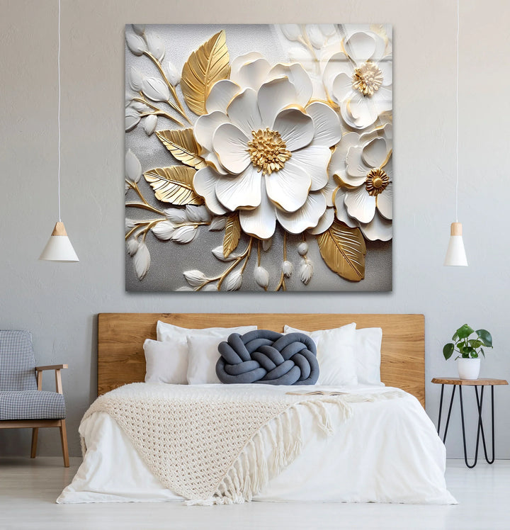 White Gold Floral Wall Art – 3D Textured Flower Print on Glass Panel - MyPhotoStation
