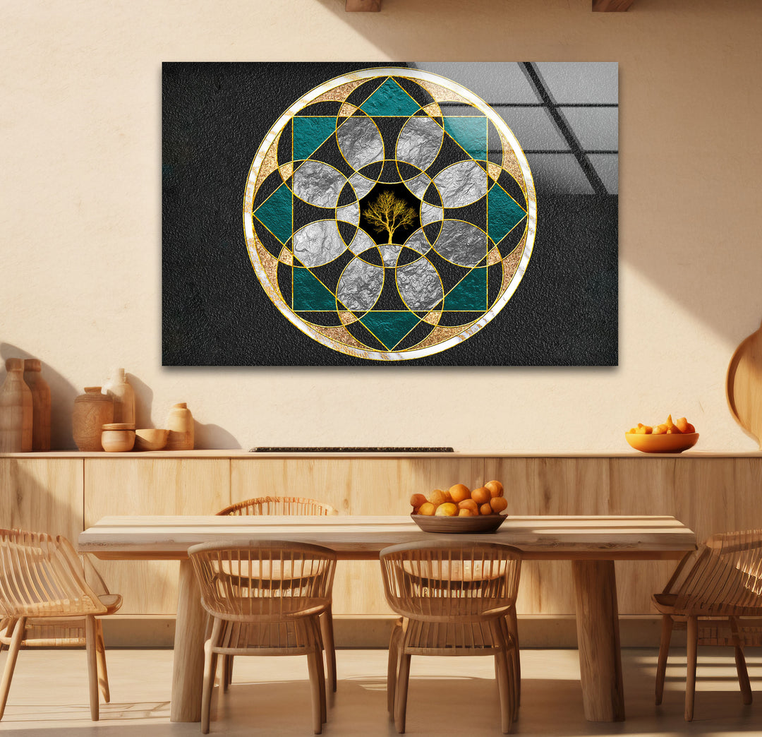 Wandkunst mit heiliger Geometrie, Baum des Lebens – Moderne Glasplatte mit goldenem Mandala-Design