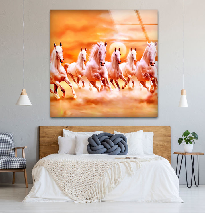 Wandkunst mit sieben laufenden Pferden – Spirituelle Sonnenaufgangsszene, Glasdruck