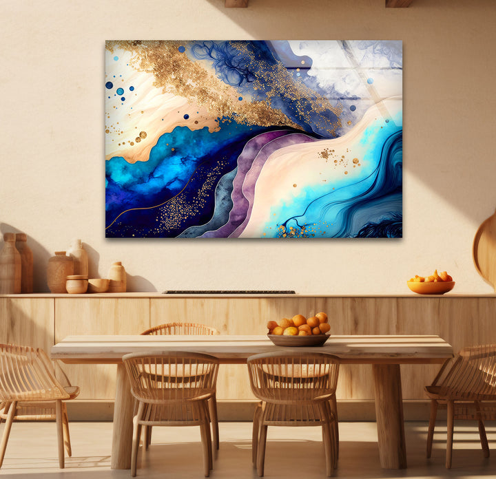 Elegant Blue & Gold Abstract Glass Wall Art – Luxury Modern Decor
