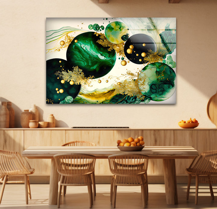 Emerald & Gold Abstract Glass Wall Art – Modern Luxury Home Decor