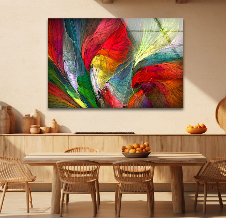 Colorful Feather Burst Wall Art – Abstract Rainbow Glass Print Decor