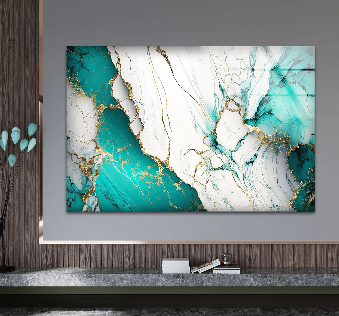 Teal and White Marble Wall Art – Luxury Abstract Glass Print with Gold Veins for Modern Interiors - MyPhotoStation