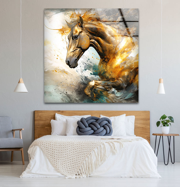 Golden Gallop Wandkunst – Majestätisches Pferd Abstraktes Glasdruckdekor
