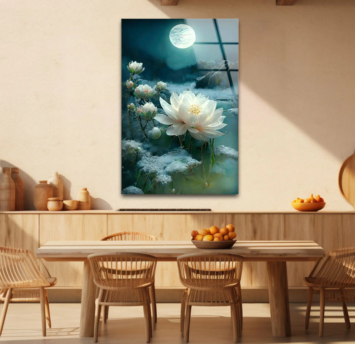 Moonlit White Lotus Glass Wall Art – Tranquil Floral Design with Ethereal Night Glow - MyPhotoStation