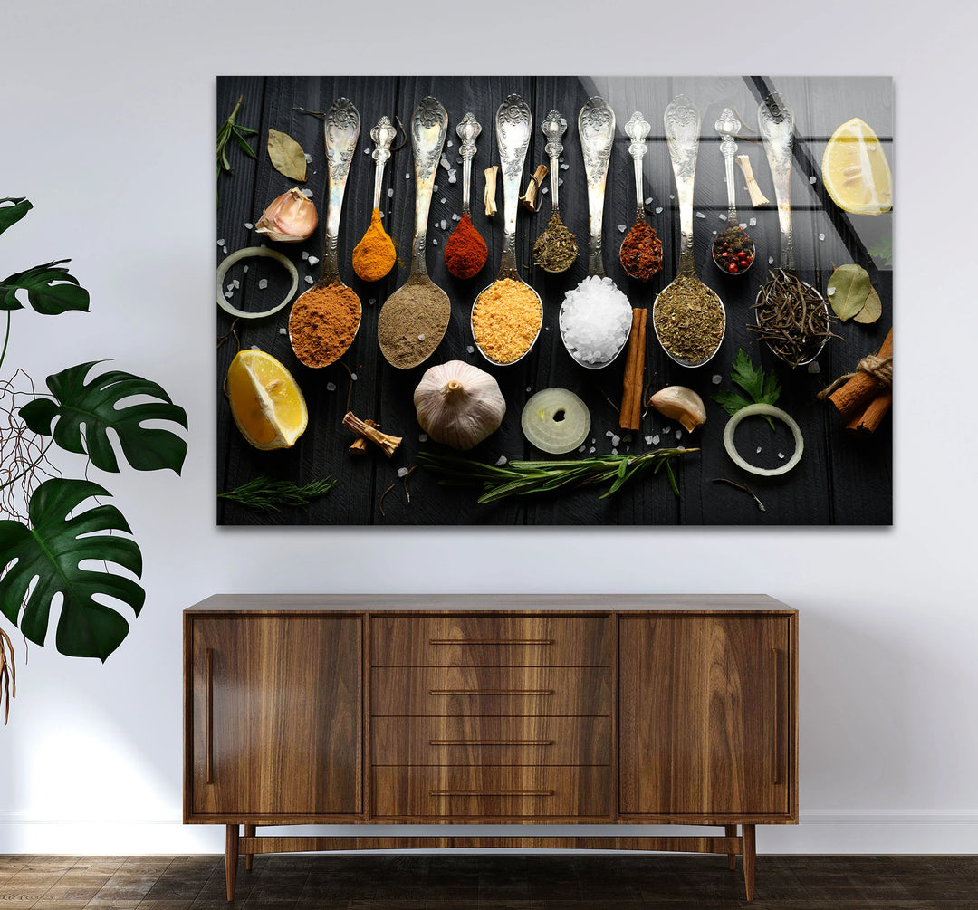 Rustic Kitchen Spices Glass Wall Art – Culinary Herb Spoon Print - MyPhotoStation