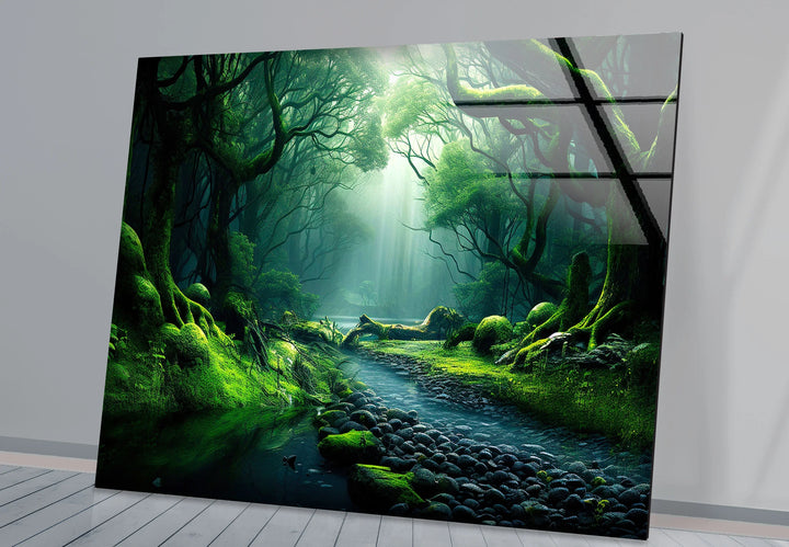 Mystical Enchanted Forest Stream Wall Art – Lush Green Nature Glass Print - MyPhotoStation