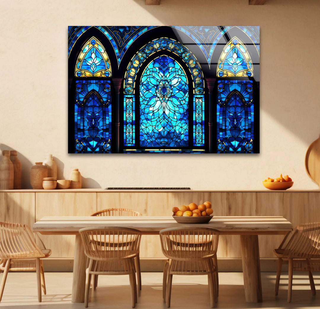 Gothic Blue Stained Glass Wall Art – Elegant Arched Window Design, Vintage Cathedral-Inspired Home Decor - MyPhotoStation