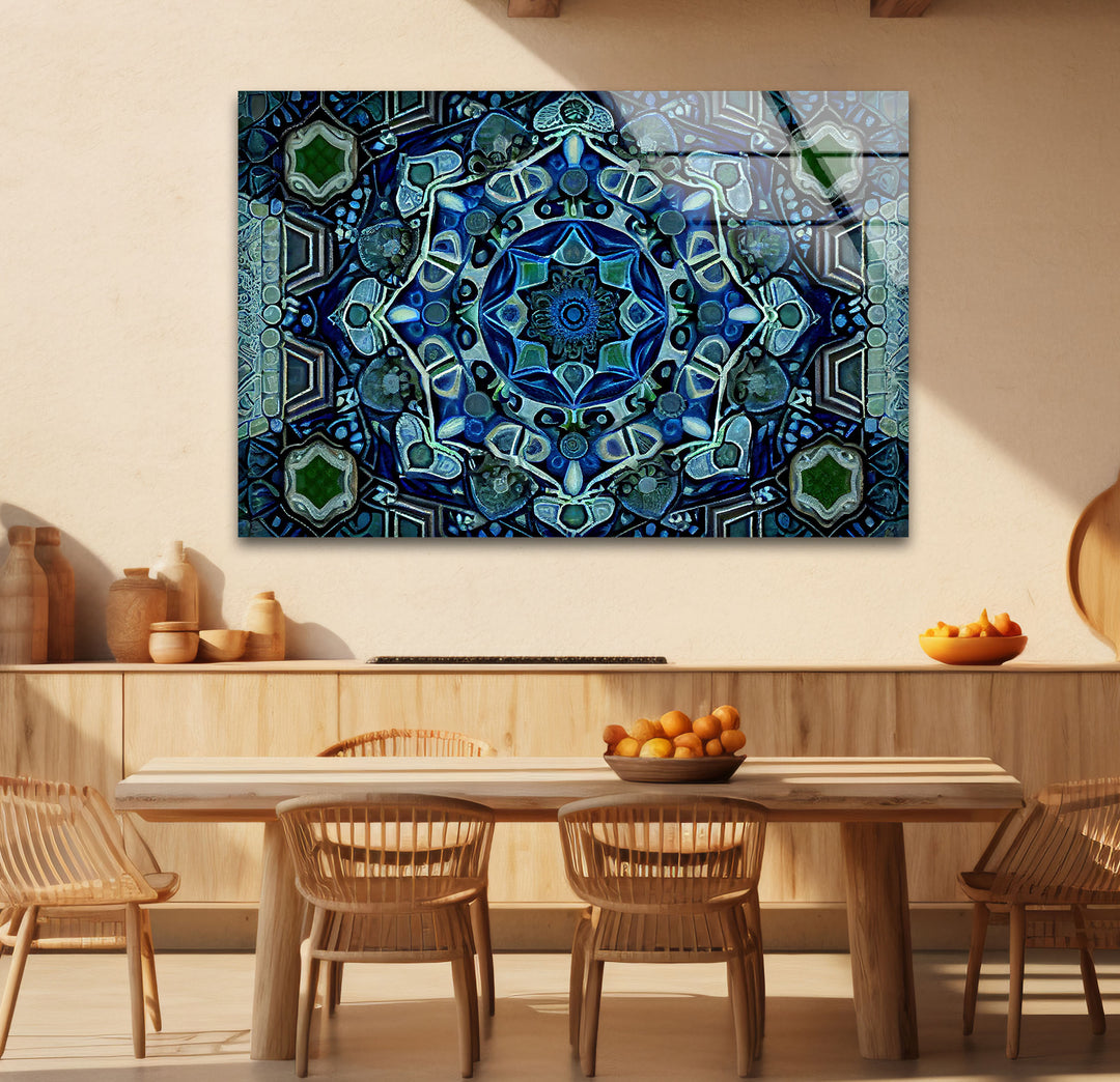 Blue Mandala Glass Wall Art – Intricate Geometric Design, Modern Home & Office Decor