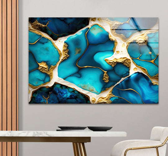 A luxurious turquoise and gold abstract glass wall art print with striking depth and intricate layering.