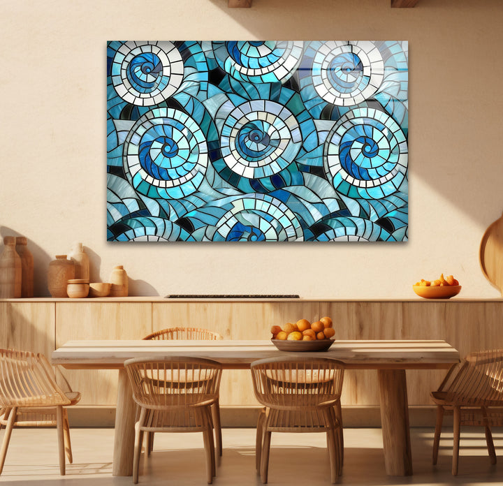 Nautical Spiral Stained Glass Wall Art – Blue Ocean Wave Design
