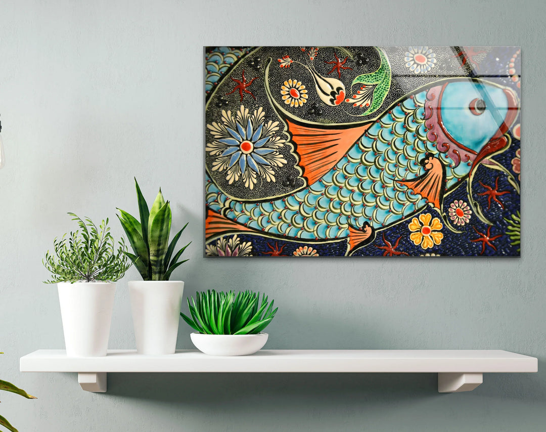 Floral Patterned Fish Wall Art – Turkish Ceramic-Inspired Glass Print - MyPhotoStation