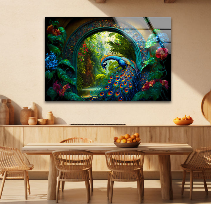 Majestic Peacock Garden Glass Wall Art – Elegant Nature-Inspired Decor