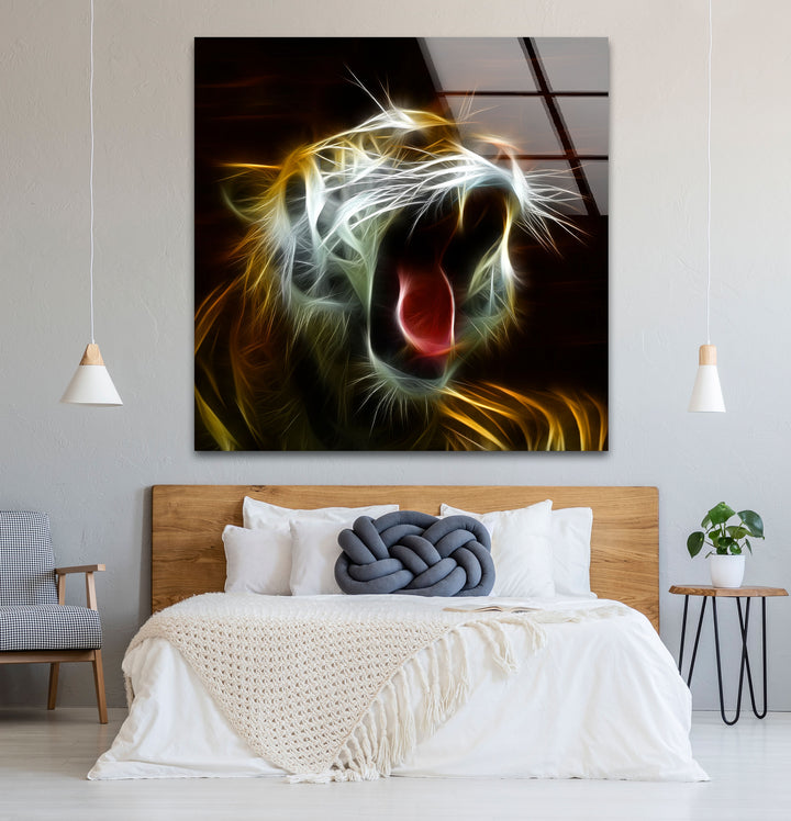 Electric Roar Tiger Wandkunst – Neon Wildtier Glasdruck Dekor