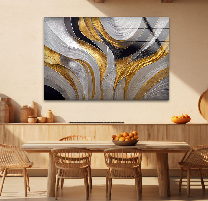 Silver Gold Wave Wall Art – Luxury Abstract Fluid Glass Print Décor