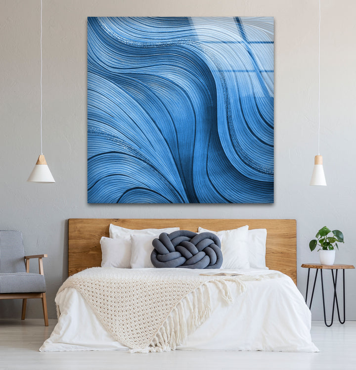 Blue Flow Line Wall Art – Modern Minimalist Wave Glass Print