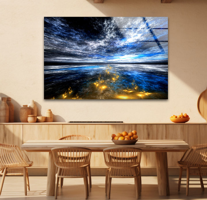 Celestial Ocean Light Wall Art – Abstract Blue and Gold Horizon Glass Print