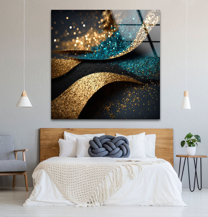 Gold Teal Glitter Wave Wall Art – Luxury Sparkle Abstract Glass Print