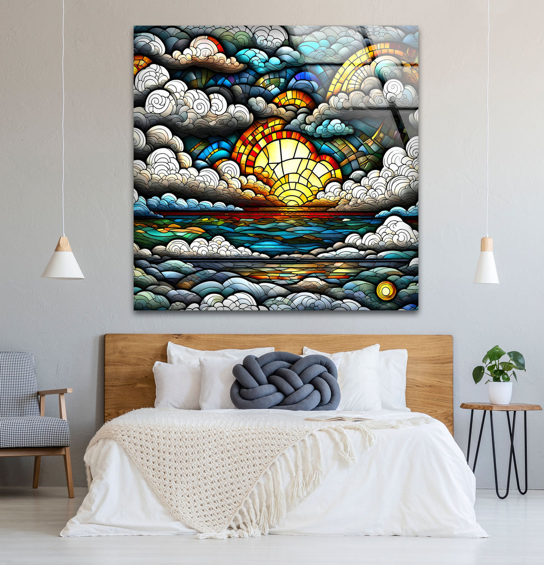Stained Glass Sunrise Cloudscape Wall Art – Serene Horizon Decor