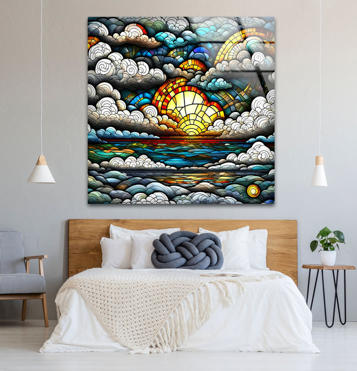 Stained Glass Sunrise Cloudscape Wall Art – Serene Horizon Decor