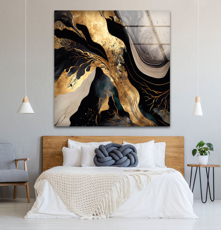 Black & Gold Abstract Glass Wall Art – Luxury Modern Fluid Design