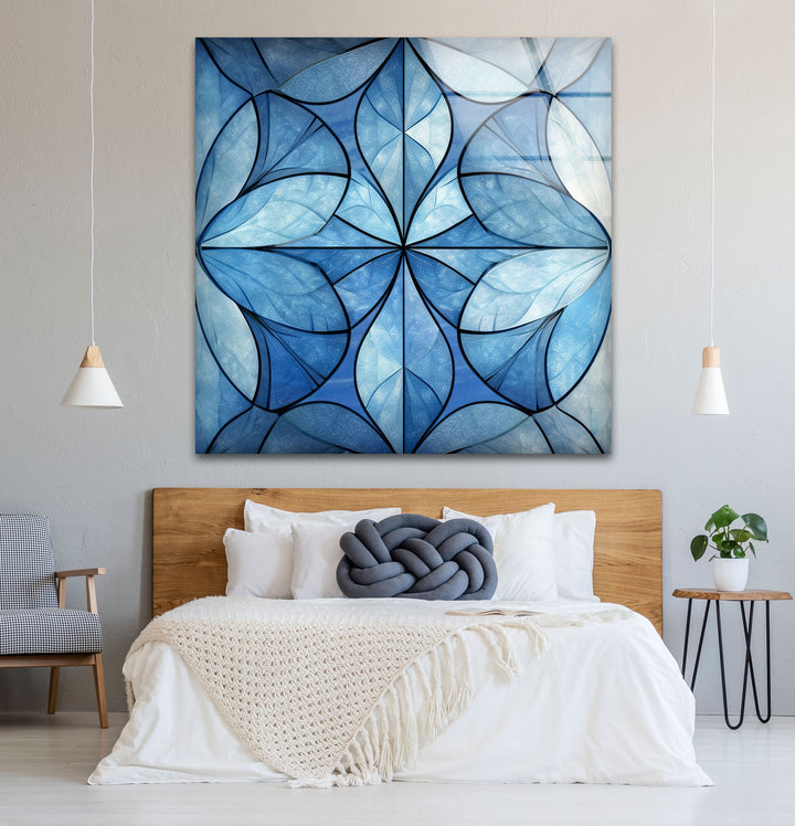 Blue Floral Geometric Wall Art – Modern Glass Panel with Elegant Petal Design
