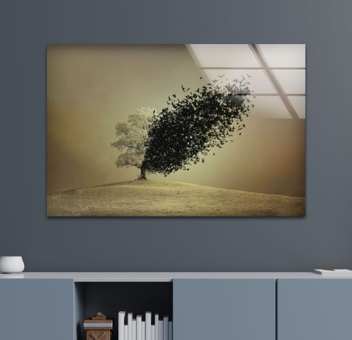 Surreal Tree Turning into Birds Wall Art – Minimalist Nature Glass Print