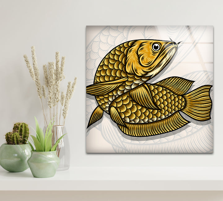 Golden Arowana Fish Wall Art – Elegant Asian-Inspired Glass Print for Modern Interiors and Feng Shui Decor