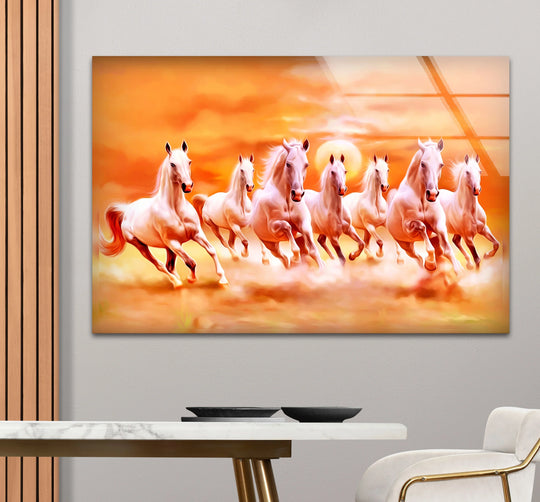 Realistic detailed seven running horses at sunrise glass print, an elegant wall print for good luck.
