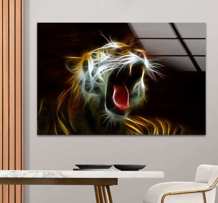 Electric Roar Tiger Wandkunst – Neon Wildtier Glasdruck Dekor