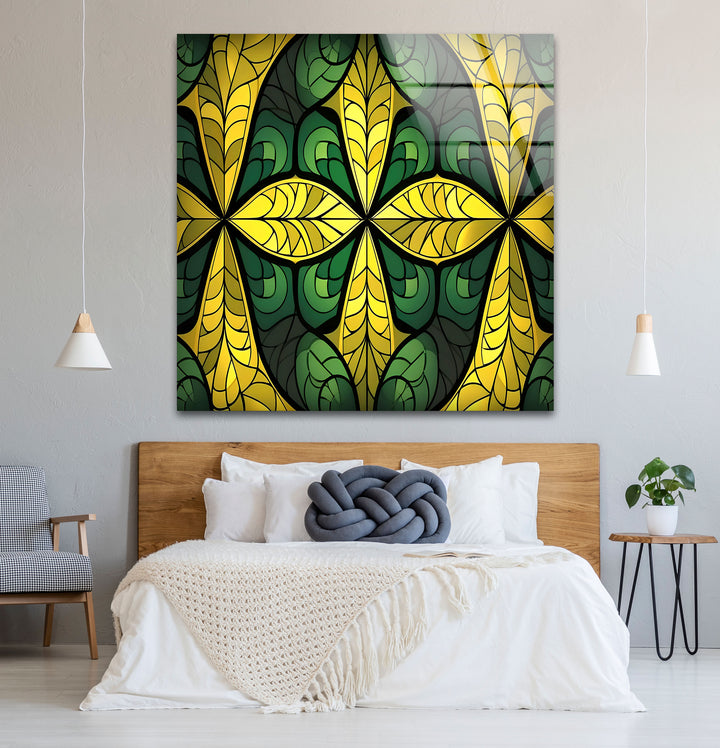 Green & Gold Stained Glass Wall Art – Botanical Geometric Glass Design