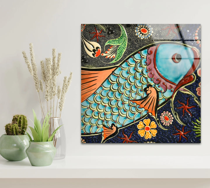 Floral Patterned Fish Wall Art – Turkish Ceramic-Inspired Glass Print - MyPhotoStation