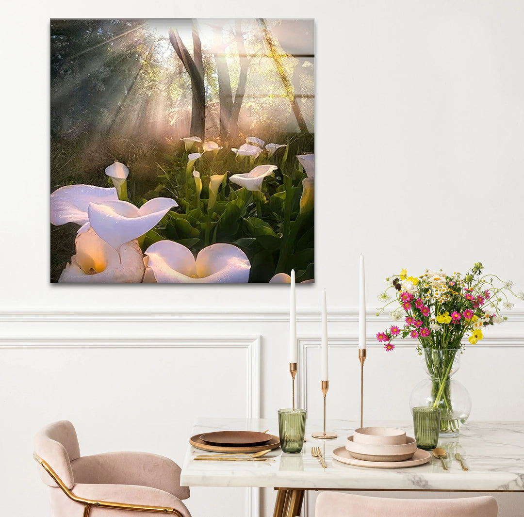 White Lily Forest Wall Art – Sunlit Flower Glass Print, Peaceful Botanical Nature Decor for Bedroom or Living Room - MyPhotoStation