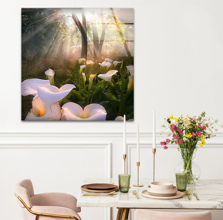 White Lily Forest Wall Art – Sunlit Flower Glass Print, Peaceful Botanical Nature Decor for Bedroom or Living Room - MyPhotoStation