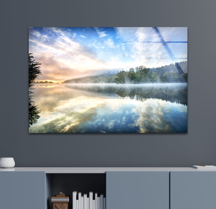 Misty Lake Sunrise Wall Art – Tranquil Morning Glass Landscape Print