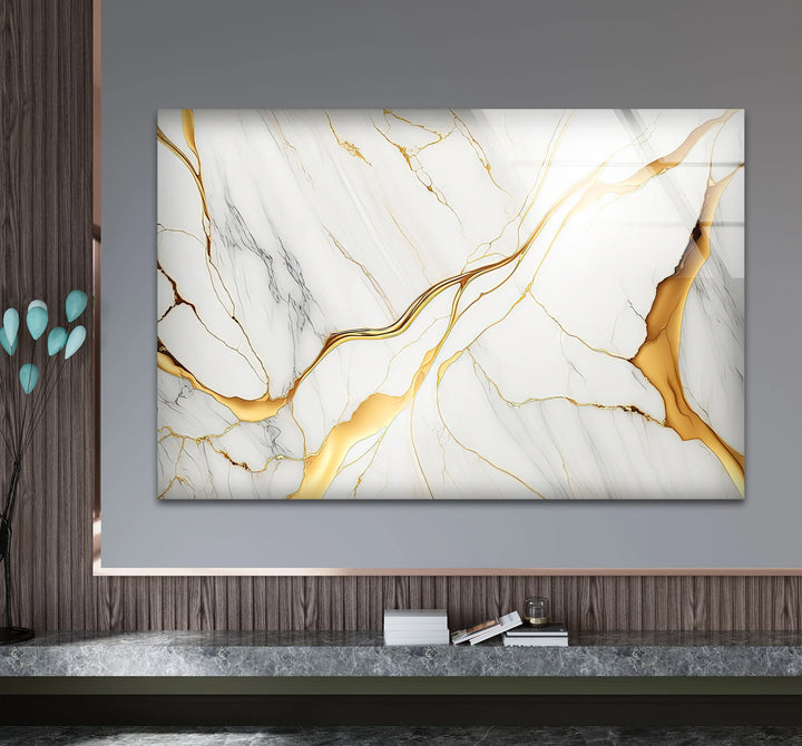 White Marble Wall Art with Gold Veins – Elegant Abstract Glass Print for Modern Luxury Interiors - MyPhotoStation