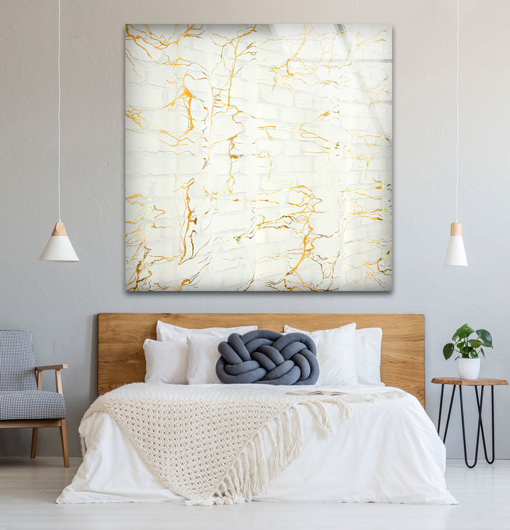 White Marble Texture Glass Wall Art with Gold Veins – Modern Minimalist Decor