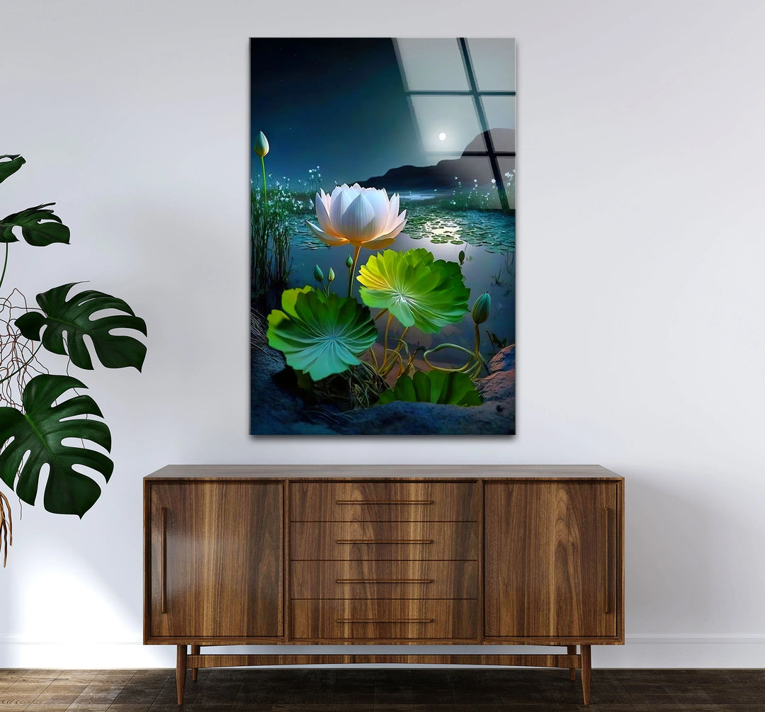 Moonlit Lotus Flower Glass Wall Art – Serene Night Lake Scene for Tranquil Home Decor - MyPhotoStation