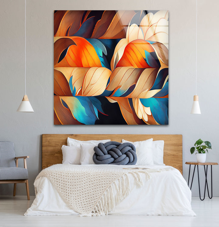 Abstract Feather Flow Glass Wall Art – Earthy Orange & Teal Nature Design