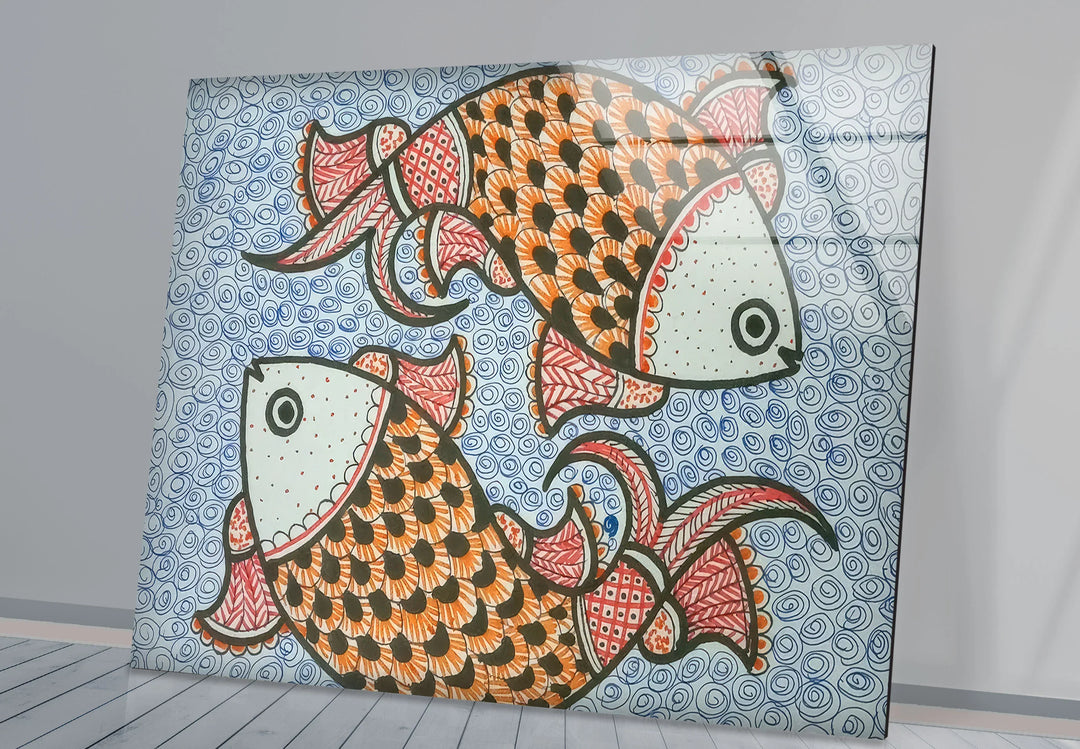 Traditional Folk Art Fish Wall Decor – Vibrant Indian Style Glass Print - MyPhotoStation