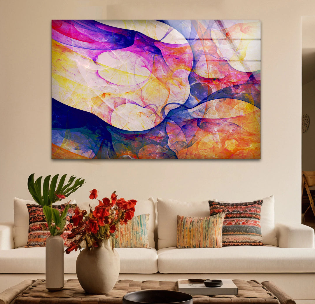 Color Swirl Abstract Glass Wall Art – Vibrant Purple, Yellow & Blue Modern Decor - MyPhotoStation