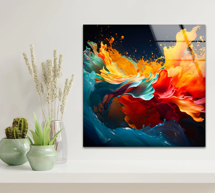 Fiery Abstract Splash Wall Art – Vibrant Glass Print in Red, Orange & Blue - MyPhotoStation