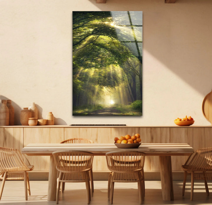 Forest Light Path Glass Wall Art – Serene Green Nature Print for Relaxing Decor - MyPhotoStation